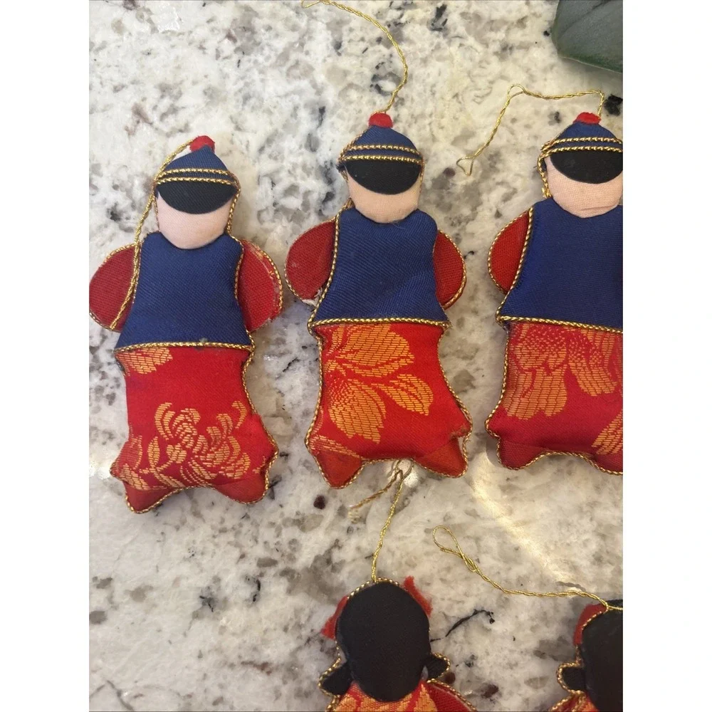 6 Silk Embellished Christmas‎ Ornaments Asian Children Chinese Lunar New Year